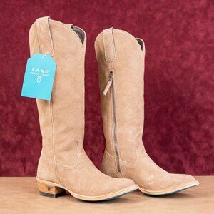 Lane Women Jane Taupe Zip Leather Party Western Cowboy Round Knee Boots sz 6.5